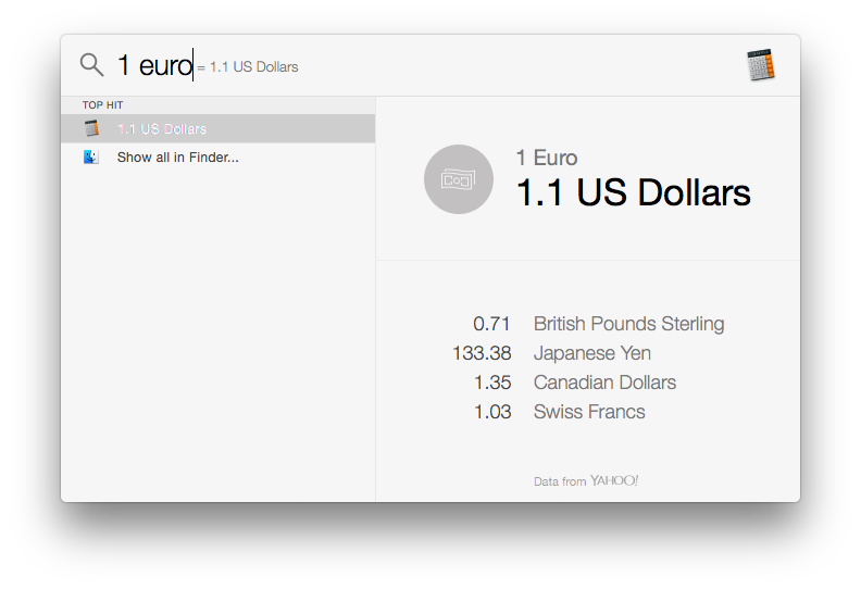 Example of OSX Spotlight converting currency